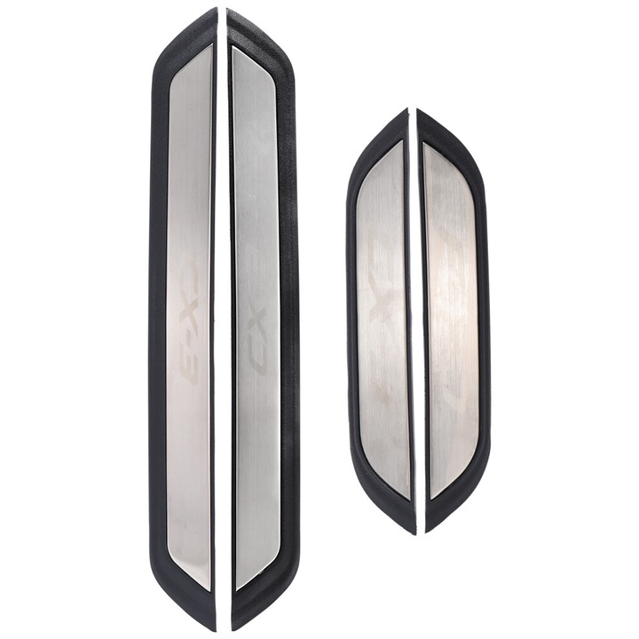 Set 4 praguri pentru CX-3 2017-2018, otel inoxidabil, placi protectie prag usa, argintiu/negru, 28x12 cm