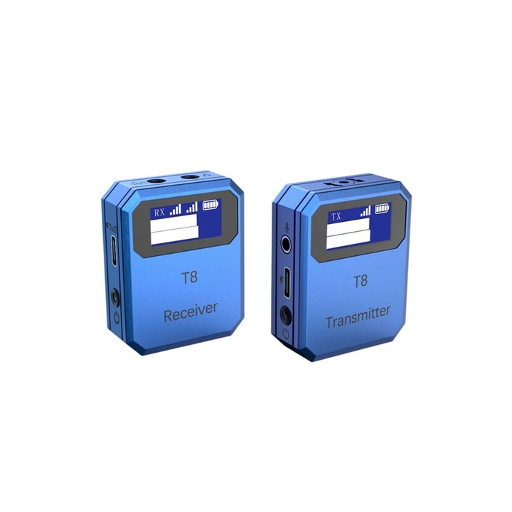 Microfon lavalier wireless 2.4G set, albastru, 30x50m, compact, cu reducere zgomot