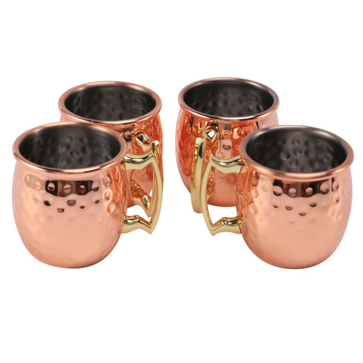 Set 4 cani mini, otel inoxidabil, placate cupru, aur roz, 3.5x4.5cm