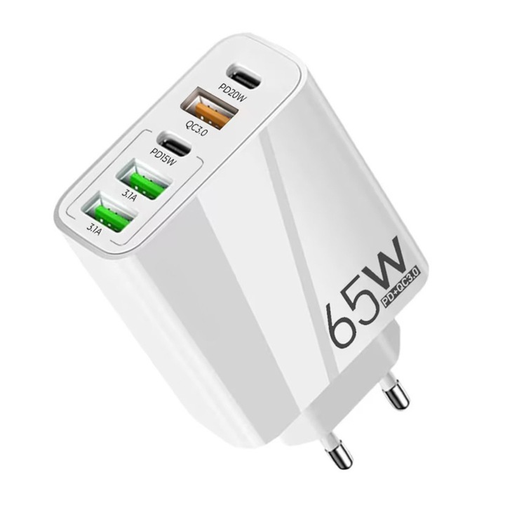 Incarcator Retea Comari® VoltCore Pro 65W, 5 Porturi, 2x USB-A, 1x QC 3.0, 2x USB-C PD 20W, Incarcare Rapida, Compatibil Universal, Alb