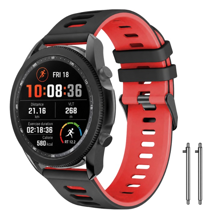 MARTECH, Curea pentru smartwatch din silicon, sport perforata, rezistenta la apa, reglabila, cu catarama solida, pentru Huawei Watch GT Runner 2, Negru/Rosu, 20mm