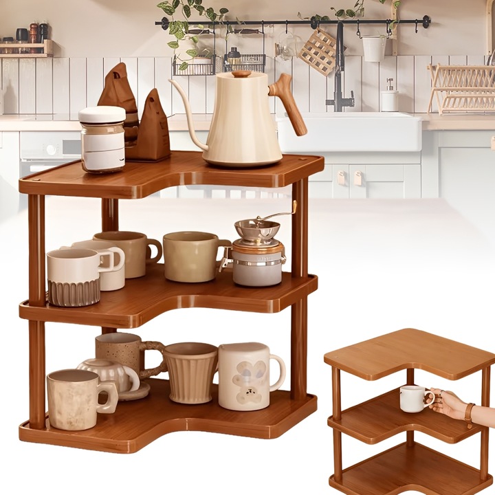 3 szintes polc, Bedee, sarokpolcok, modern design, L-alakú, helytakarékos, stabil és kompakt, könnyű összeszerelés, alkalmas konyhai pultra/nappaliba/hálószobába/dolgozószobába/fűszerek tárolására/tárolásra, barna