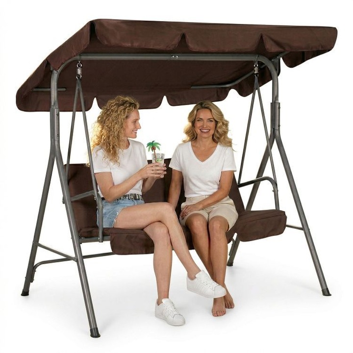 Balansoar de Gradina pentru 3 persoane, Structura din metal 3 cm, Sezutul, Spatarul si Acoperisul din Poliester 140 g/m² Impermeabil, 172 x 112 x 151 cm, Maro