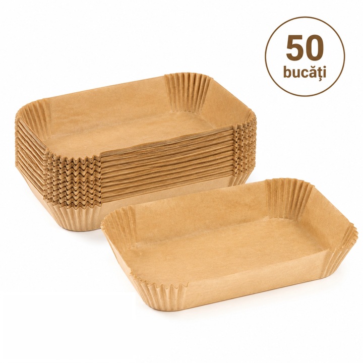 Hartie pentru Air Fryer 50 Buc, Dreptunghiulara 22x14x4.5 cm, Hartie pentru Air Fryer 50 Buc, Dreptunghiulara 22x14x4.5 cm, Hartie Siliconata Natur, Antiaderenta, Rezistenta la 220°C, Recipient pentru Colectarea Uleiului, Compatibila cu Air Fryer Mare s