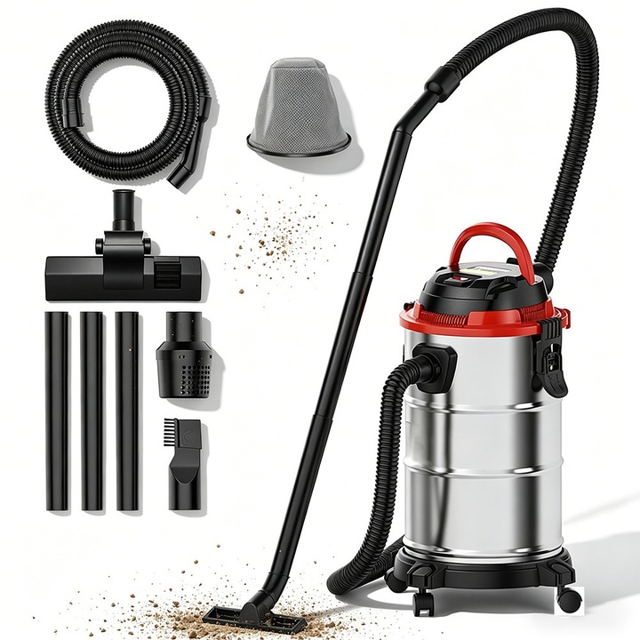 Aspirator umed-uscat 3-in-1, Bedee,1100 W, 20 L, 19 kPa putere de aspirare, fara sac, functie suflanta, pentru atelier, masina, garaj, casa, Argintiu