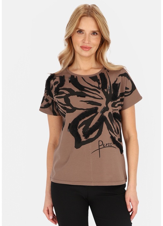 Tricou dama, Perso, bumbac/elastan, imprimeu floral, maro, detalii decorative