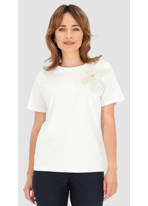 Tricou dama, Perso, alb, bumbac, floare 3D detasabila
