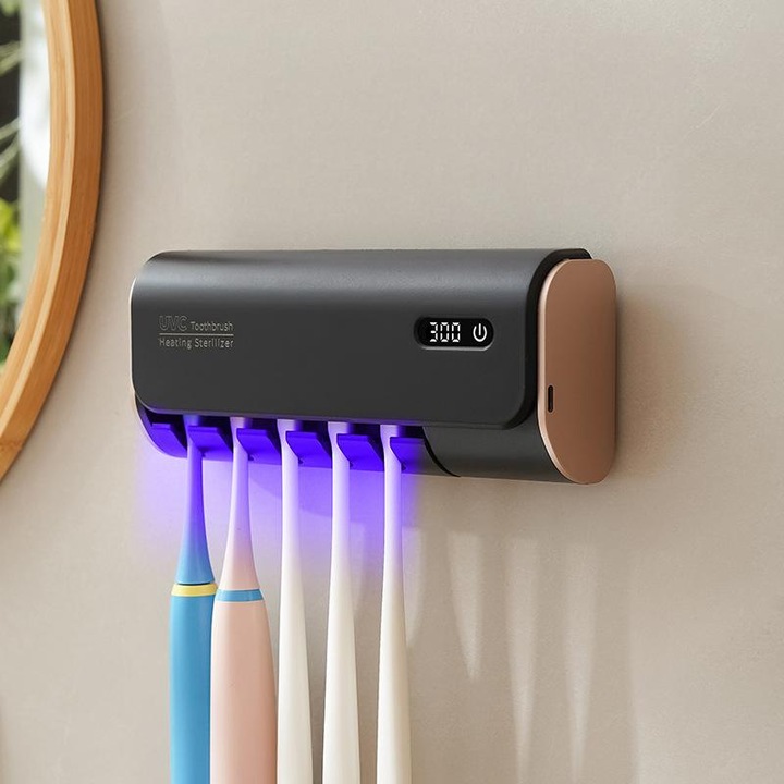 Falra szerelhető fogkefetartó UV-fertőtlenítéssel és automatikus szárítással, univerzális 5 férőhelyes tartó, ragasztásmentes telepítés, USB Type-C töltés (fekete)