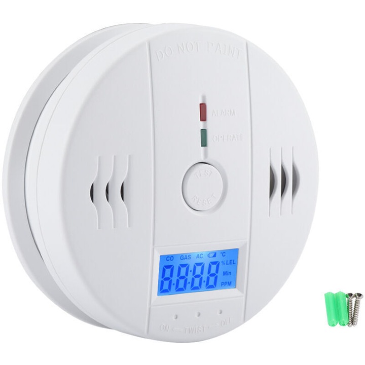 Detector monoxid de carbon / alarma CO digital cu ecran LCD, senzor electrochimic, buton test/reset, avertizare sonora 85 dB, Alb, 1 buc