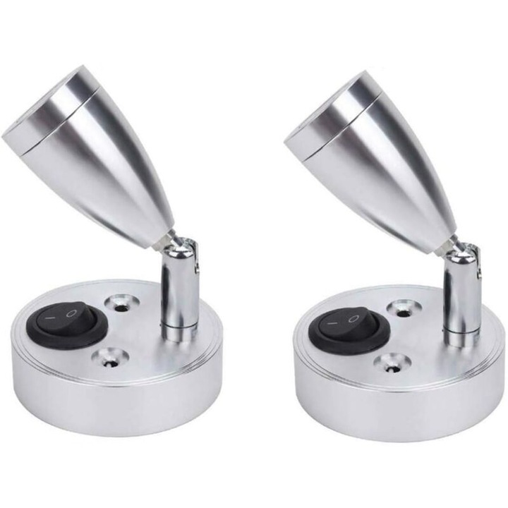 Lampa de perete LED pentru lectura 12V DC, cu comutator si brat reglabil, argintiu, 2 buc.