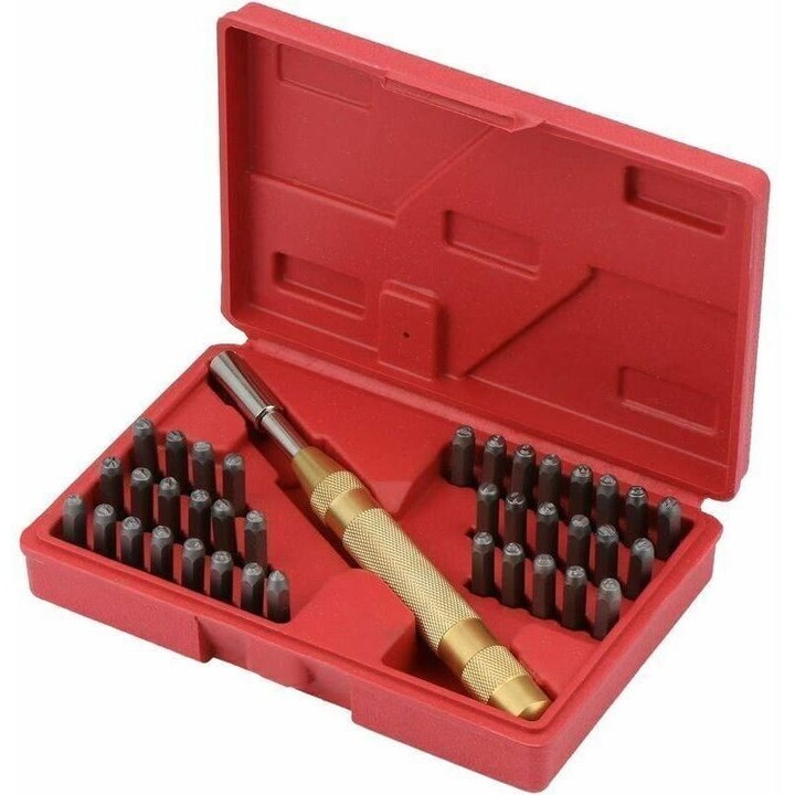 Set stante/punch litere si cifre, otel calit, instrument auto-centrare, pentru metal/lemn/piele, rosu, 38 piese, 6x29 mm