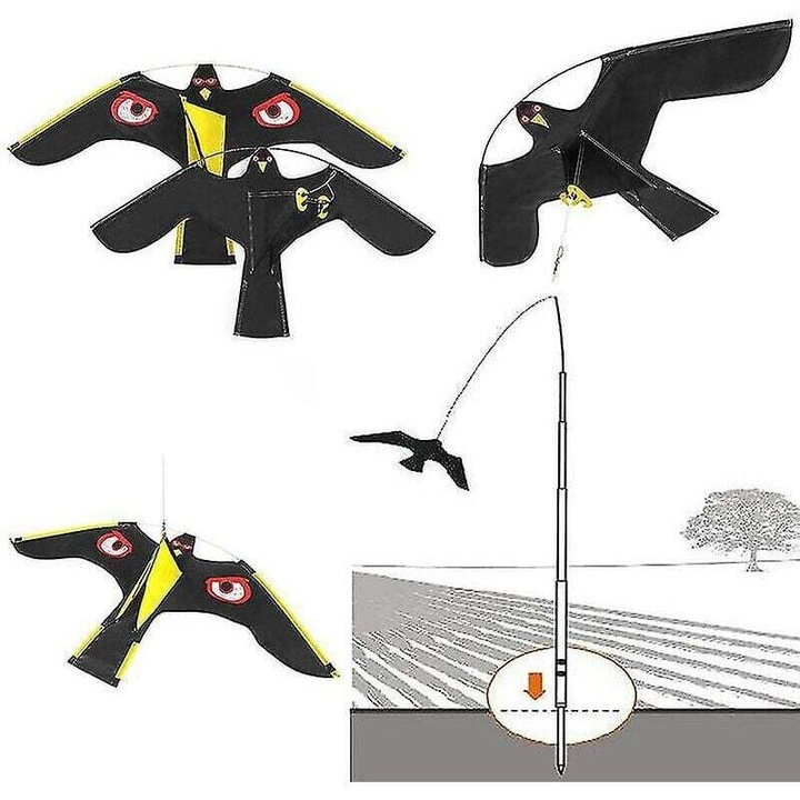 Zmeu repelent pentru pasari in forma de soim, din nylon rezistent si impermeabil, cu ochi reflectorizanti, negru/galben, 1 buc (dimensiuni 118-140 x 60-78 cm)