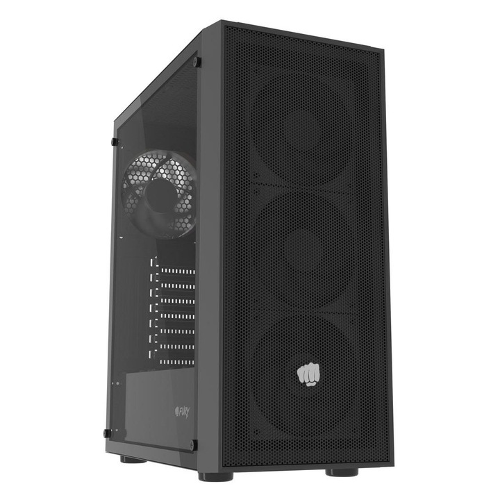 Carcasa PC Fury Shobo SH8F, Midi Tower, cu panou lateral din sticla, panou frontal tip mesh, Negru