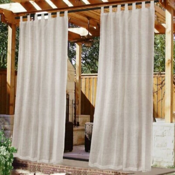 Perdele din amestec de in pentru exterior, autoadezive cu fante detasabile, rezistente la apa, bej, set 2 panouri 132 x 213 cm