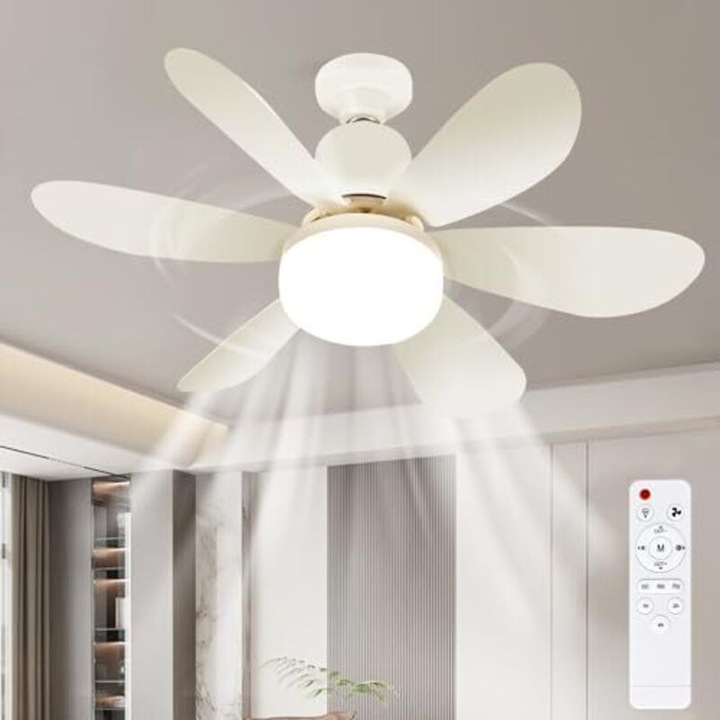 Mennyezeti ventilátor LED világítással, 6 lapátos, távirányítóval, 3 sebességes, fehér, standard méretek