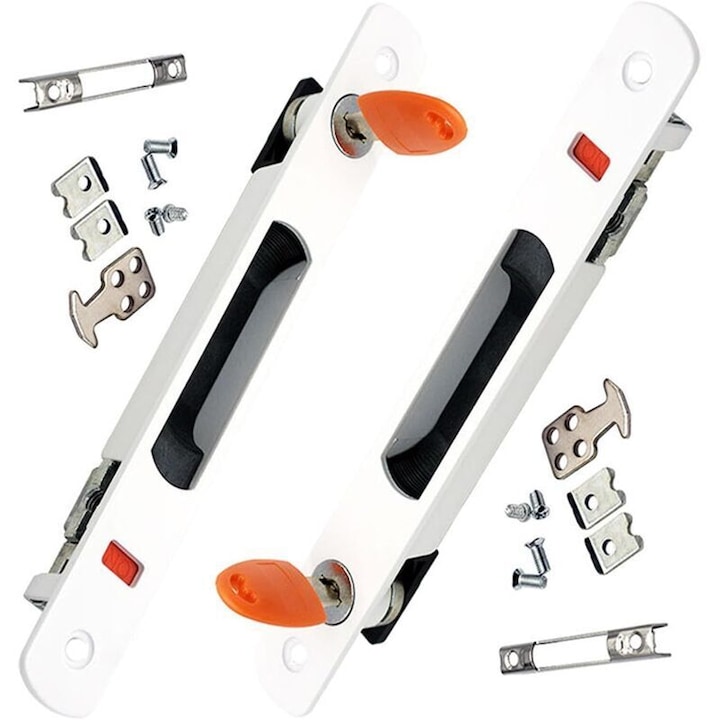 Incuietoare usa culisanta, maner incastrat pentru usi din sticla, cu cheie si carlig reglabil, inox/aluminiu, alb, set 2 bucati