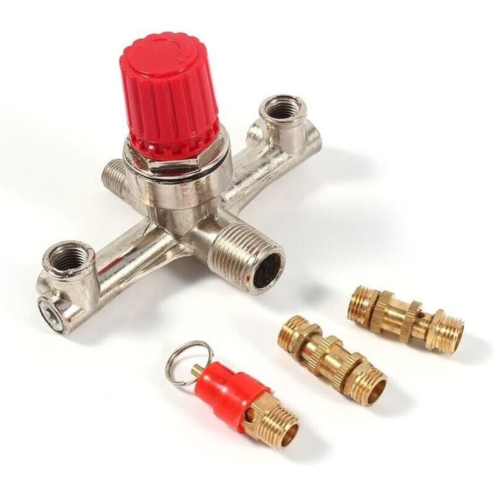 Regulator presiune aer, ventil, din aliaj de zinc, cu doua iesiri si debit cu 30% mai mare, multicolor, 1 buc