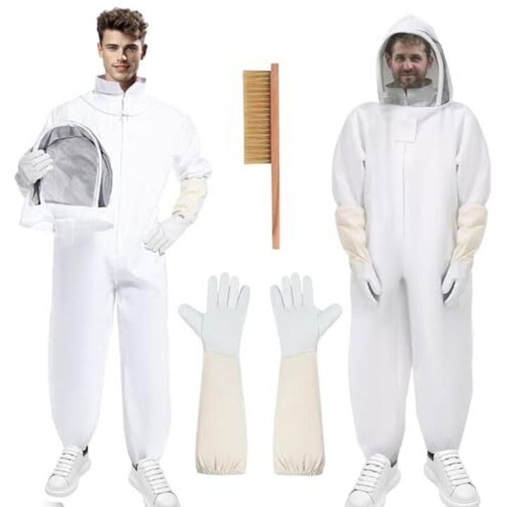 Costum de apicultura, protectie completa, cu voal si manusi, alb, material de inalta calitate, set inclus, XL