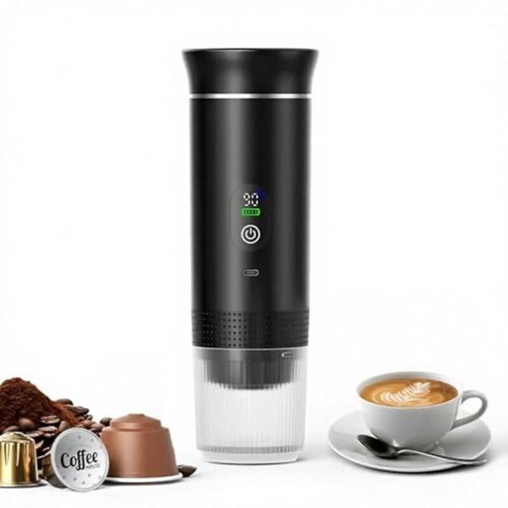 Espressor portabil / aparat de cafea portabil PRO 80ml LED, presiune profesionala 20 bar, compatibil cu capsule Nespresso, capsule reutilizabile si cafea macinata, Negru, 80ml