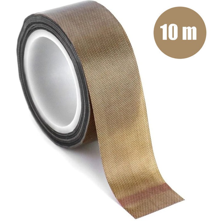 Banda teflon (teflon tape) rezistenta la temperaturi inalte, grosime 0.13 mm, din fibra de sticla, antiaderenta, maro, 25 mm x 10 m