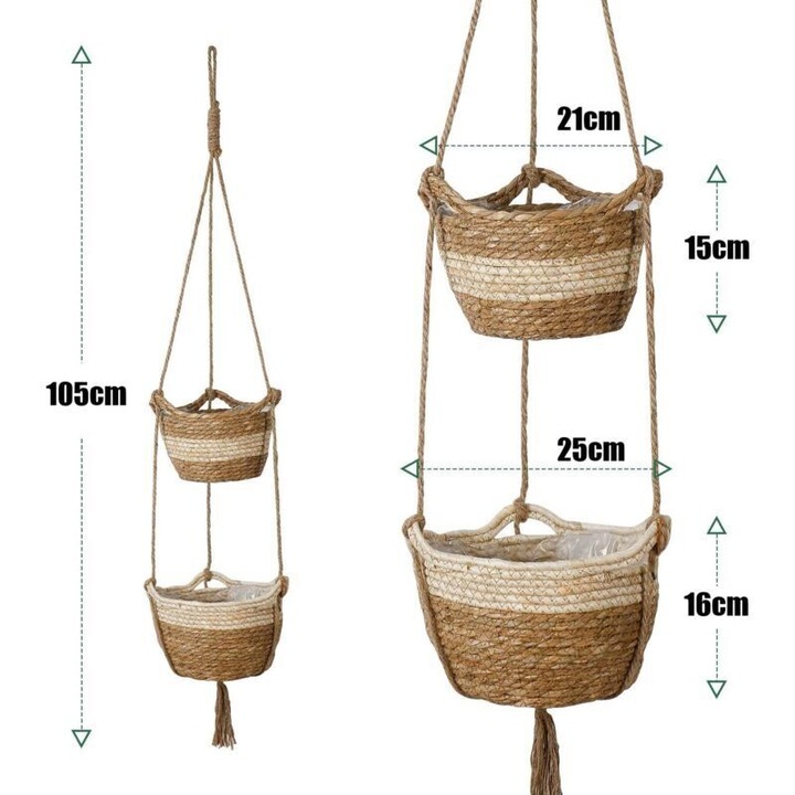 Cos suspendat/ghiveci din seagrass impletit manual, cu captuseala impermeabila si eco-friendly, bej, set 2 buc, 25x16x21 cm / 21x15x16 cm