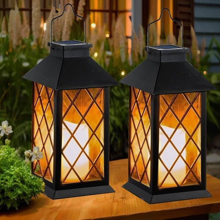 Set 2 felinare solare suspendate, negru, 36x14x14cm, LED palpaitor