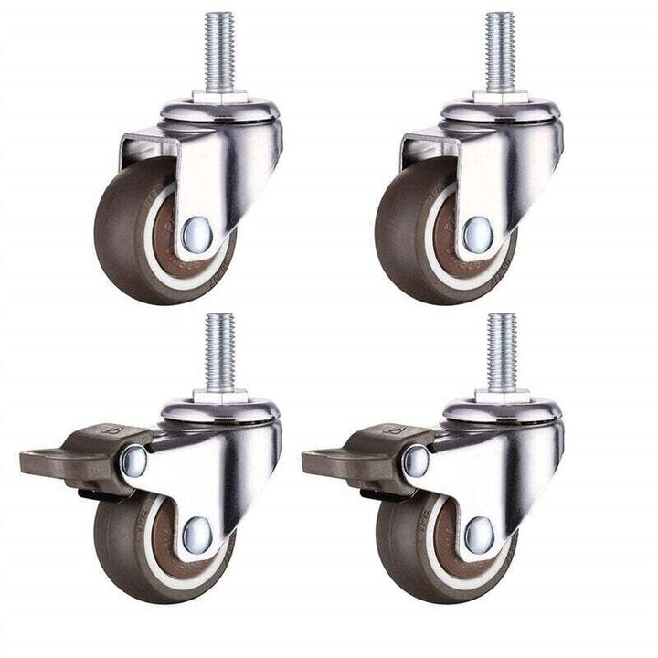 Set 4 roti pivotante pentru mobila, 2 cu frana, diametru 38 mm, filet M8 x 20 mm, TPE, inox, rulare silentioasa, non-marcante, argintiu/maro