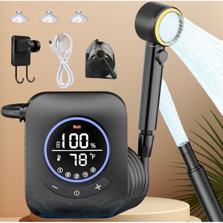 Dus portabil pentru camping, dus de exterior, pompa electrica reincarcabila cu afisaj smart si 4 moduri, baterie 8000mAh, IPX8 submersibil, furtun 2 m, gri, 1 buc
