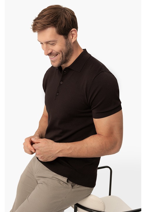 Tricou polo barbati, tricotat, cu mansete, Volcano O-Moro, maro inchis, Maro inchis