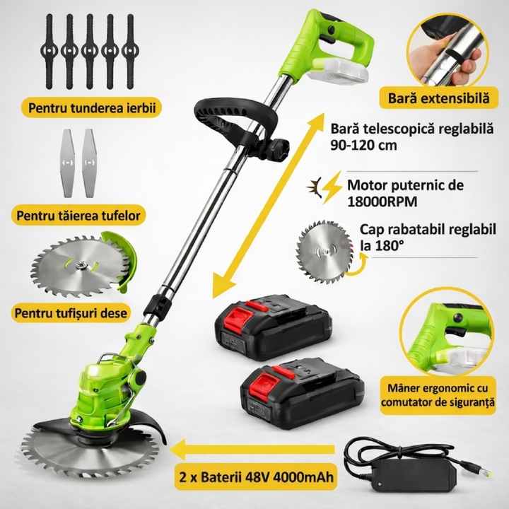 Motocoasa electrica cu 2 acumulatori, 48V, 4000 mAh, 18000 RPM, Tija telescopica, Multifunctionala, Autonomie extinsa, Wireless