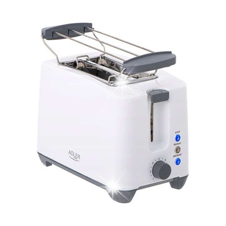 Tostator Adler 2 felii 7 trepte alb 1000W cu gratar incalzire paine
