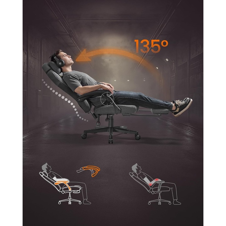 SONGMICS Scaun gaming ergonomic cu suport picioare, reglabil pe inaltime, spatar rabatabil 90-135°, material textil tip bumbac/in, 70x70x129 cm, gri