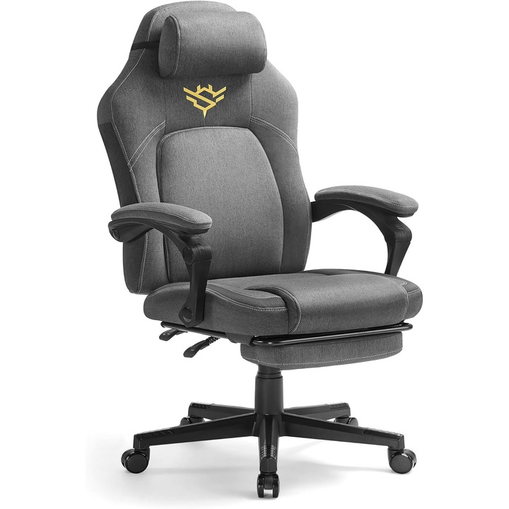 SONGMICS Scaun gaming ergonomic cu suport picioare, reglabil pe inaltime, spatar rabatabil 90-135°, material textil tip bumbac/in, 70x70x129 cm, gri
