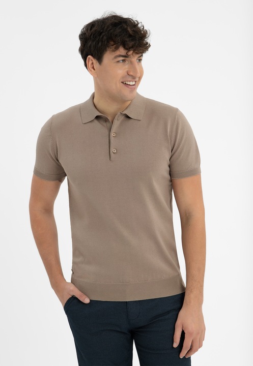 Tricou polo barbati, tricotat, cu mansete, Volcano O-Moro, bej, Bej