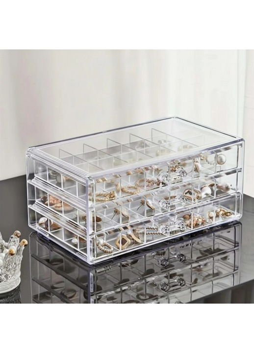 Cutie Bijuterii Varioshop cu 3 Sertare si 72 Compartimente, Organizator Transparent pentru Inele, Cercei si Accesorii, Caseta Depozitare Eleganta 23x13.5x10.5 cm