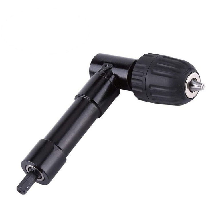 Adaptor unghi drept 90° pentru bormasina, mandrina auto-strangere, capacitate prindere 0.8-10 mm, coada hex 8 mm, negru