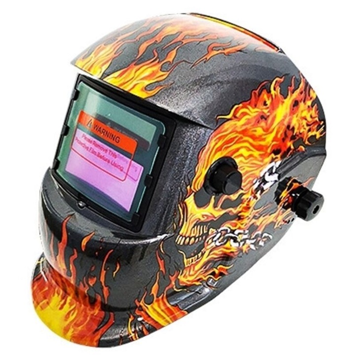 Masca de sudura automata, casca de protectie pentru sudor cu design craniu in flacari, 2 senzori de arc, alimentare solara cu baterie litiu, gama de intunecare reglabila, grad 6, Multicolor