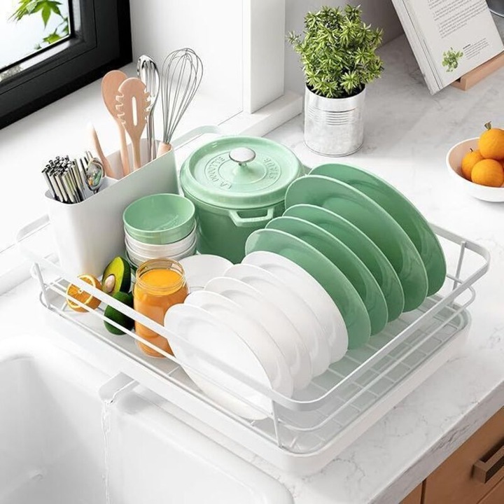 Scurgator de vase compact din otel inoxidabil, cu tava de scurgere si suport tacamuri, duza rotativa, Alb, 29 x 38.1 x 12.7 cm