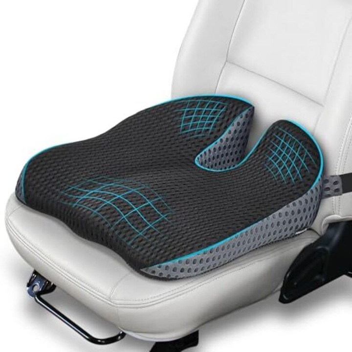 Perna auto ortopedica, perna de scaun din spuma cu memorie, husa 4D respirabila detasabila si lavabila, design ergonomic cu suport sold si decupaj U, sistem anti-alunecare dublu cu bucle reglabile si baza cauciuc, Negru/gri, 43.5x40.5 cm