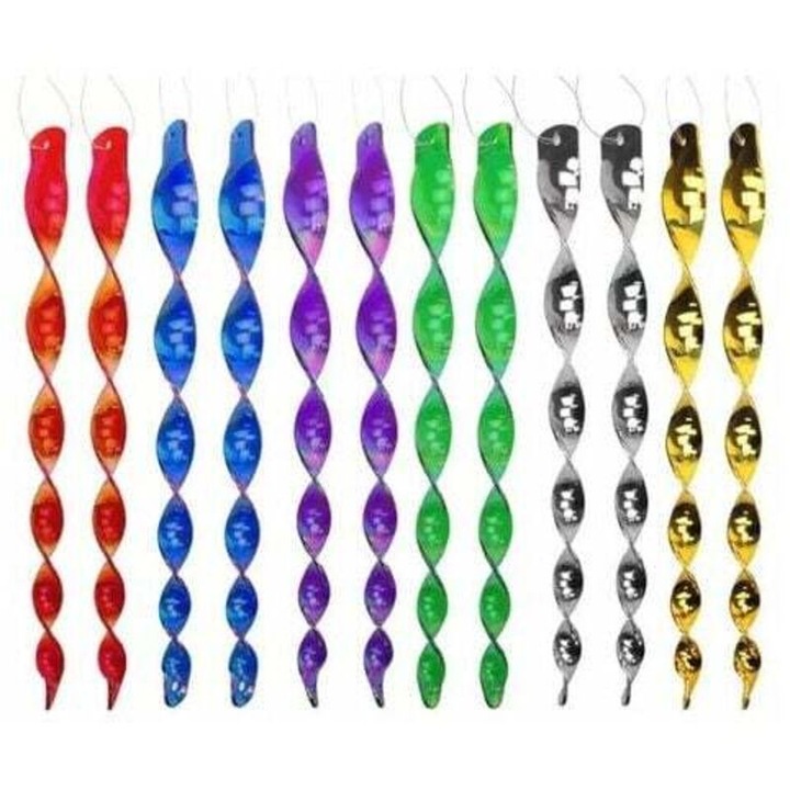 Spirala antipasari rotativa reflexiva 360°, din plastic inofensiv, rezistenta la vant, multicolor, 12 bucati, 30 cm