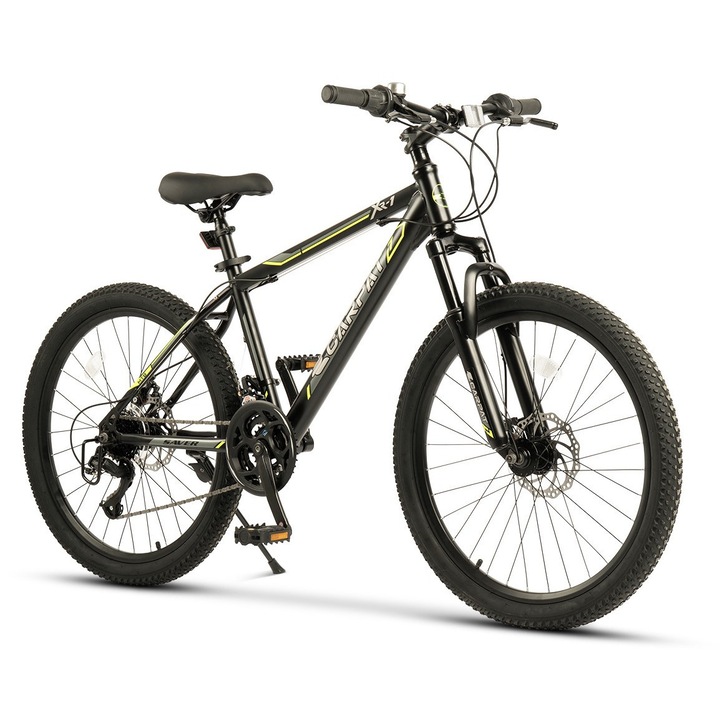 Bicicleta MTB ERBS24102G pentru copii cu roti de 24", Suspensie fata, Manete Rotative Shimano, Frane DISC, 21 Viteze, negru/verde, Mountain Bike E-Carpat Saver XR1 Genius 2.4 New Generation