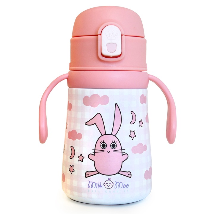 Детска бутилка за вода Milk&Moo Cancin, 360 мл, неръждаема стомана, розова, 17x8.3см
