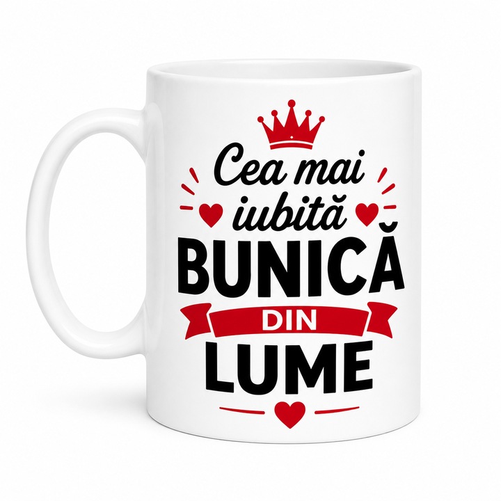 Cana personalizata „Cea mai iubita bunica din lume”, ceramica, 330 ml, cadou pentru bunica, Alba