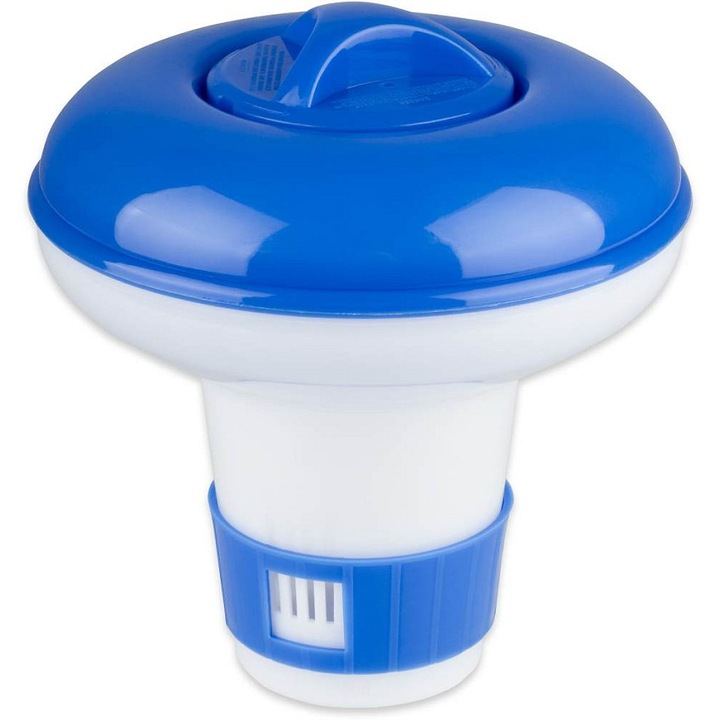 Plutitor dozator pentru tablete Belatrix, grila reglabila pentru tablete 20 g, diametru 12,8 cm, inaltime 13 cm, Albastru/Alb