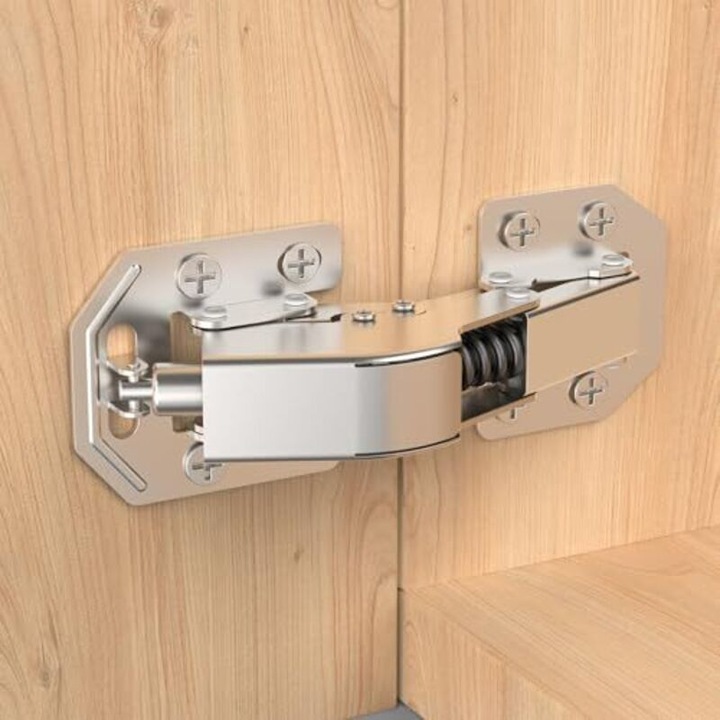 Balama pentru mobilier 90° cu soft-close, montaj pe suprafata fara gaurire, otel laminat la rece finisaj nichelat, argintiu, 1 buc