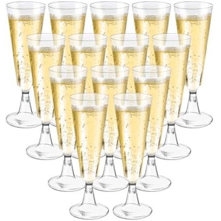 Pahare de sampanie / flute reutilizabile din plastic ecologic, fara BPA, 160 ml, 16.2 cm, transparente, 50 buc