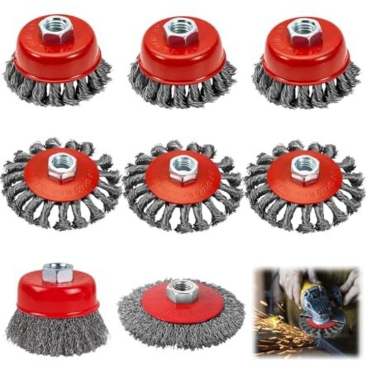 Set 8 perii de sarma M14 pentru polizor unghiular, sarma otel carbon si inox, disc 75 mm x3, disc 100 mm x3, disc 120 mm x1, cupa 80 mm x1, pentru indepartare rugina si lustruire, rosu/argintiu, 8 buc