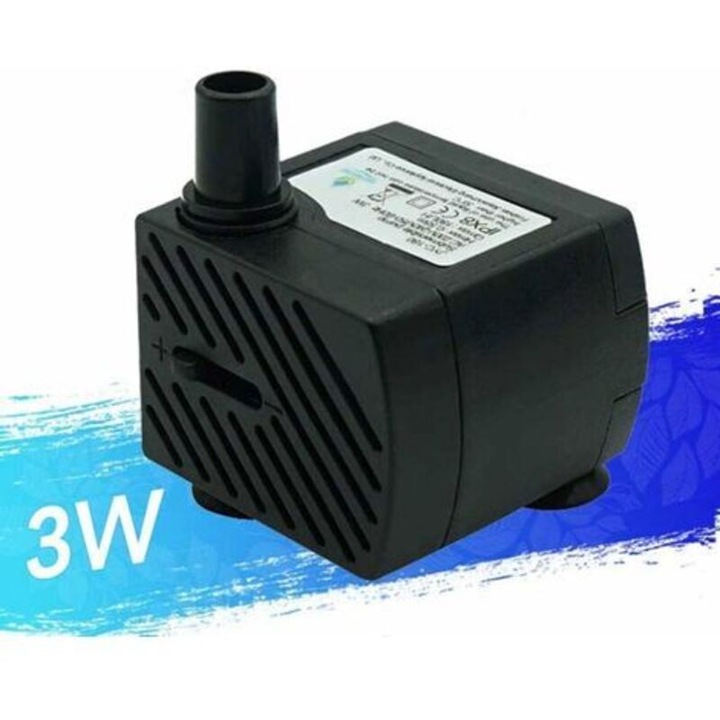 Pompa de apa 48 GPH (180 L/h) 3W, micropompa silentioasa cu flux reglabil, IPX8, negru