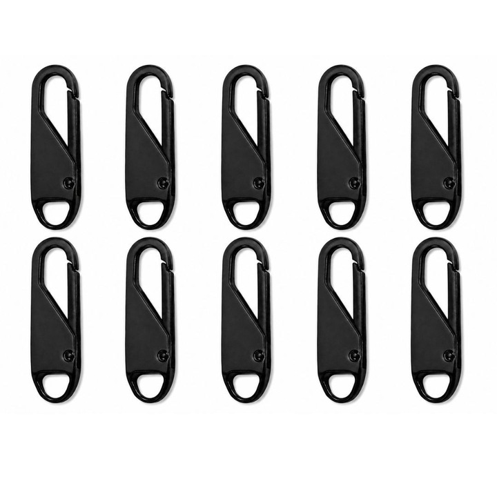 Set 10 cheite universale pentru fermoar, accesorii metalice pentru reparatie rapida valize, rucsacuri, haine, jachete si corturi, negru