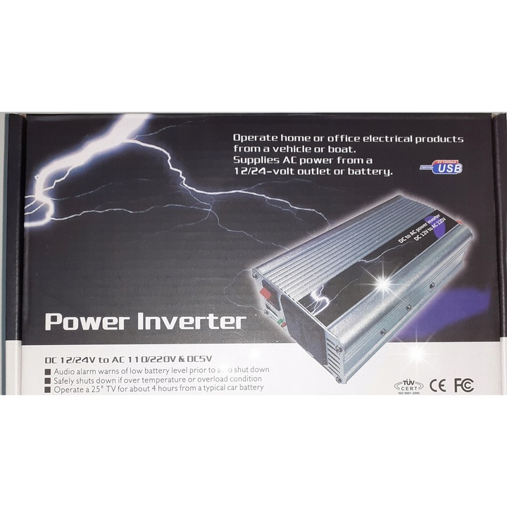 Feszültségátalakító 12V 230V 1000W USB porttal 200x100x55mm